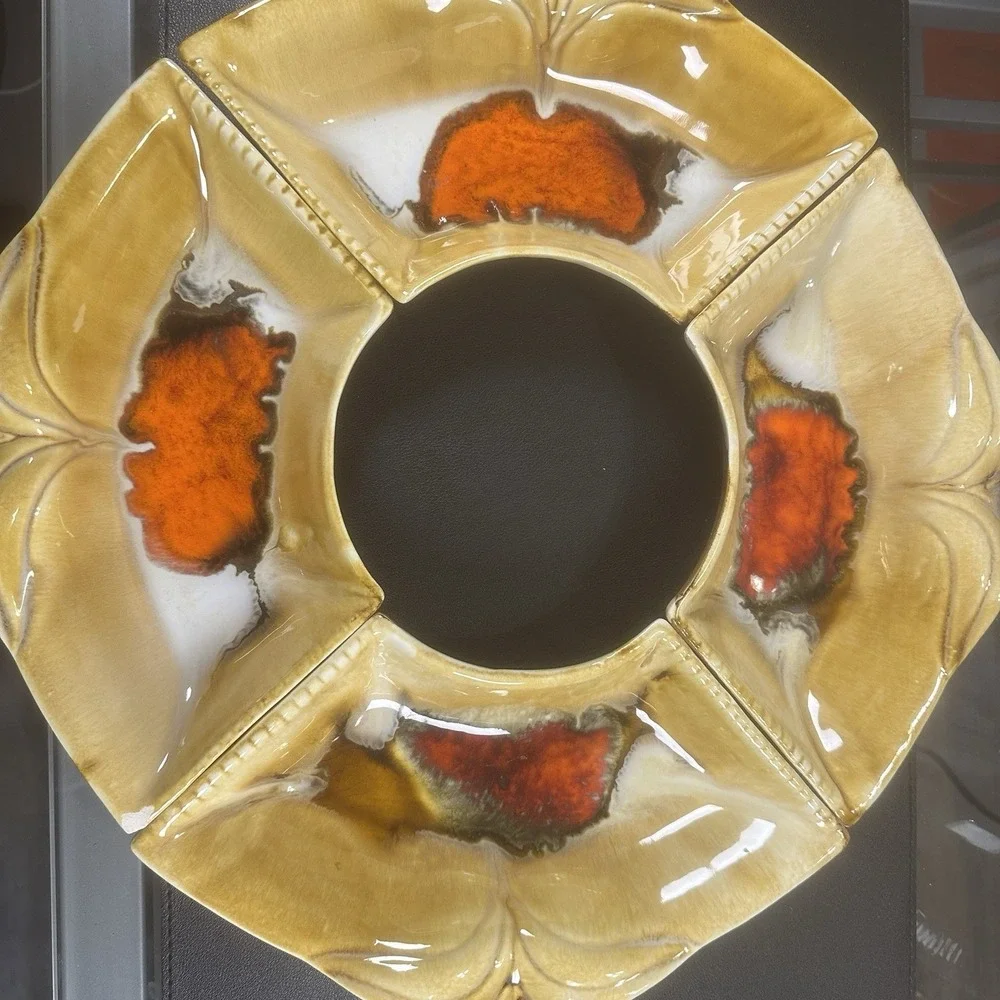 Vintage California Pottery MCM Orange‎ Drip Glaze Serving Set Lazy Susan Ceramic